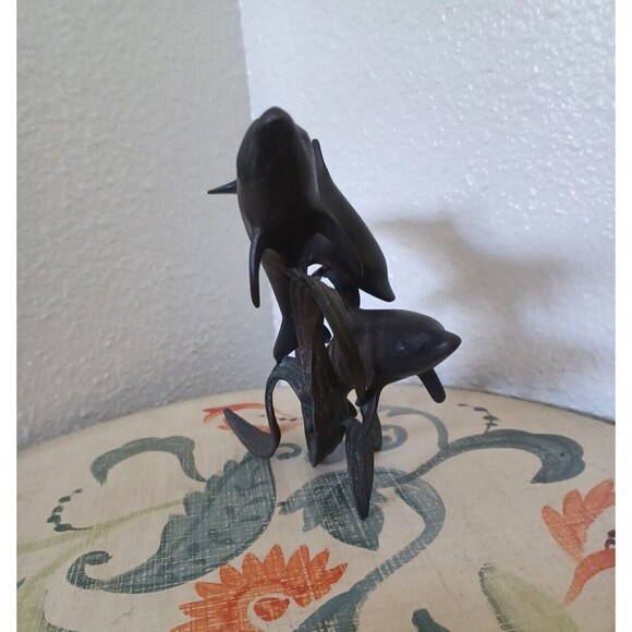 Vintage Dancing Dolphins Bronze Wave Base MCM Sculpture Patina Swimming Dolphins - Picture 3 of 12